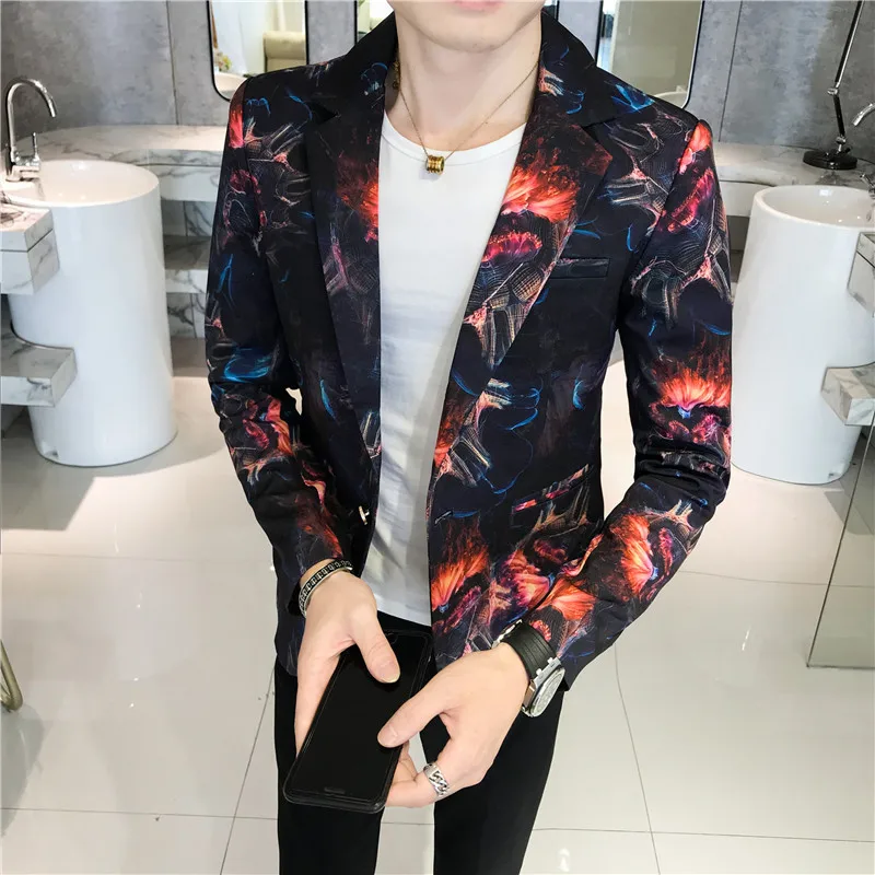 

fire Print Prom Suit Jacket Mens 2018 Autumn Slim Fit Blazer Mascculino One Button Blazer Gold Blue Red Print Blazer Male
