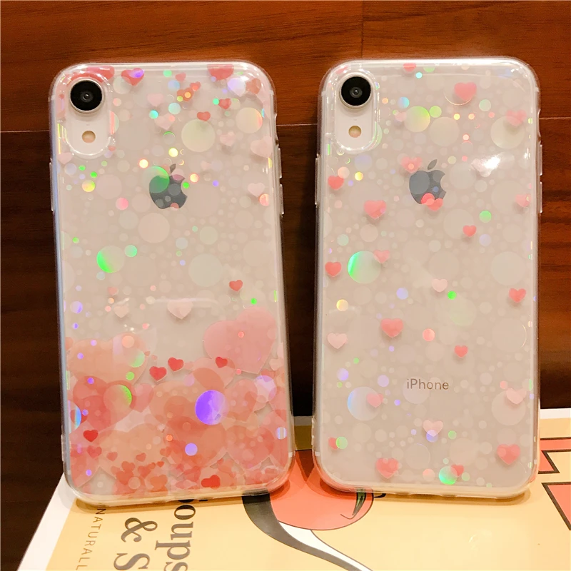 

Translucent Love sweet heart phone case with laser gloss for iPhone X case iPhone xsmax cover for X XS XR 6 6s plus 7 plus 8 8P