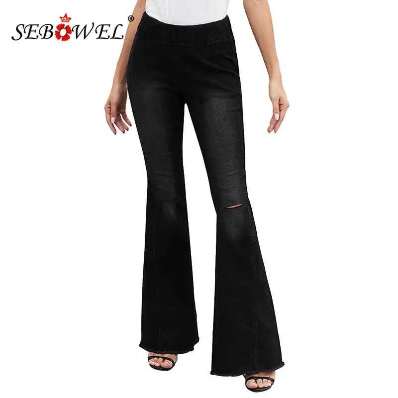 

SEBOWEL High Waist Distressed Flare Denim Pants Woman Retro Spring Summer 2019 Ladies Female Holes Long Bell Bottom Jeans Pants
