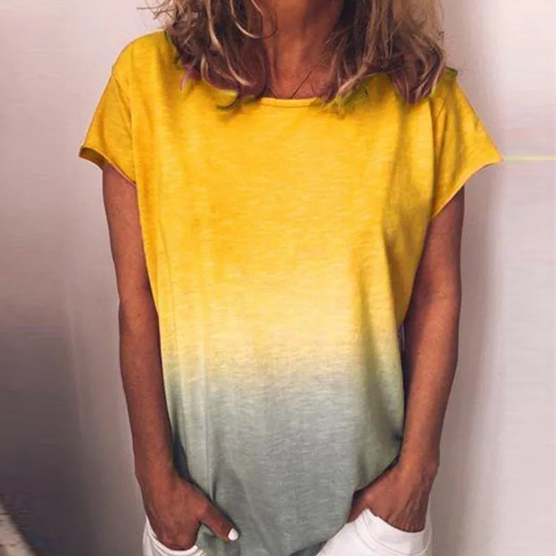 

Rainbow Gradient T Shirt Women 2019 Summer Short Sleeve O Neck Tshirt Loose Tops Plus Size Ladies T-shirt Women Clothes Fashion
