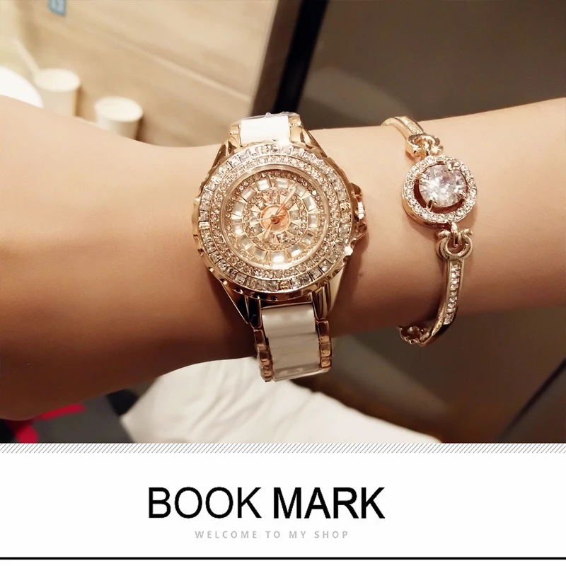 Модные женские наручные часы, роскошные Брендовые женские часы с кристаллами, блестящие стразы, керамические наручные часы, кварцевые часы