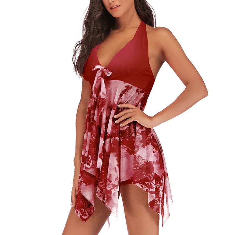 Танкини размера плюс,, кружевная юбка, женская одежда для плавания, v-образный вырез, открытая спина, 2 предмета, купальник, платье для плавания, пляжная одежда, купальный костюм, 5XL Tankiny - Цвет: Wine Red