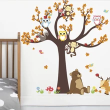 Cartoon Cute Forest Tree Branch Animal Owl Monkey Bear Deer Wall Stickers For Kids Rooms Boys Girls Children Bedroom Home Decor chic cartoon owl flower tree branch pattern scarf for women