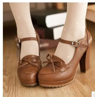 Милые школьные туфли принцессы в стиле ретро; туфли на высоком каблуке с бантом; толстая водонепроницаемая обувь - Цвет: 1