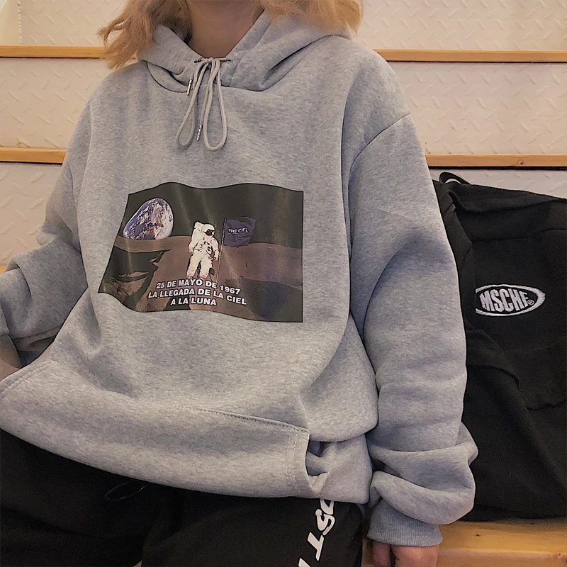  Hoodies Women Large Size All-match Black Elegant Trendy Womens Printed Korean Style Loose Sweatshir