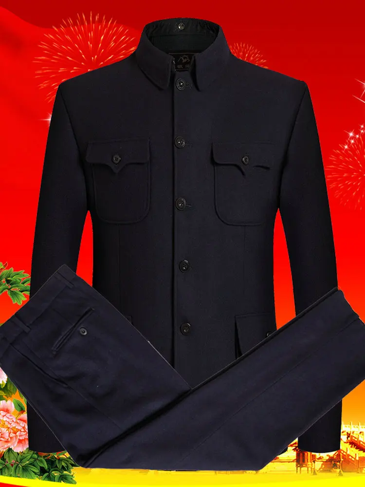Мужской твидовый костюм Mao, черный костюм Zhonshan, комплект из двух предметов, мужской костюм-двойка, китайская туника, мужской классический шерстяной костюм - Цвет: black tunic twinset