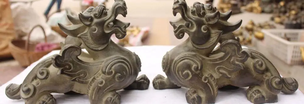 

12" Chinese Bronze Wealth Phylactery Guardian Beast Pixiu Chi-lin Unicorn Pair