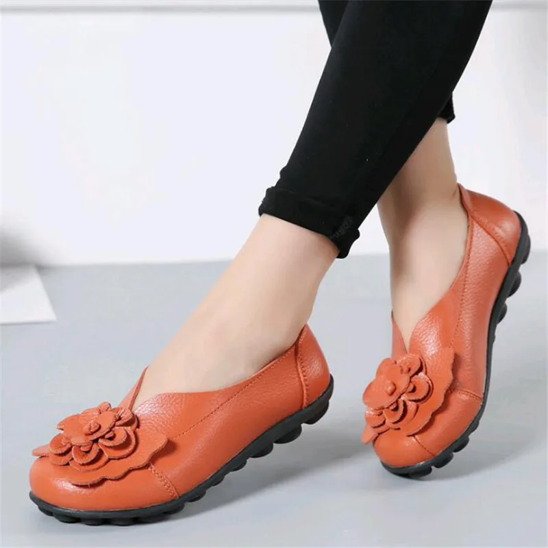 

Women Shoes Fashion Flowers Slip-on Genuine Leather Solid Color Flat Shoes Sapato Feminino Comfortable Bottom Loafers Shoe yuj