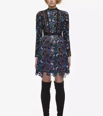 

2018 New Arrival Vintage Print Lace Dress Women Fashion Long Sleeve Runway Party Dresses