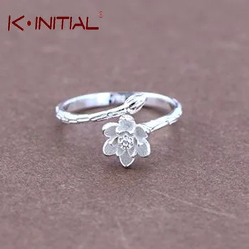 Kinitial 1Pcs 925 Sterling Silver Bud Rings Lotus Flower Rings Women Fashion Wedding Party Birthday Jewelry Finger Ring