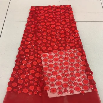 

3D flowers french lace fabric with sequins red african tulle lace with appliques bridal wedding dress lace F337-1