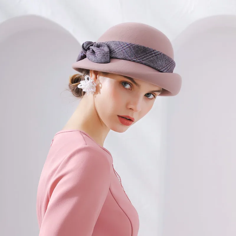 

Lady Fedoras Hat New Style Checked Cloth Dome Cap Girls Bow Tie Crimson Woolen Dome Cap Beret Party Hats Adjust B8989
