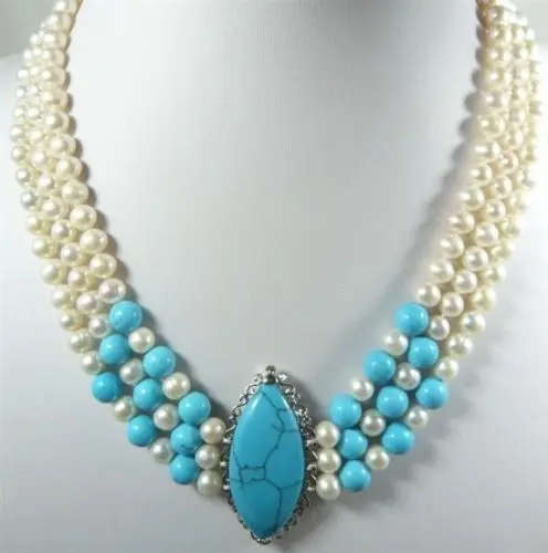

Beautiful 3 Rows green jade White Pearl Crystal Turquoise Pendant Necklace 5.27 5.27