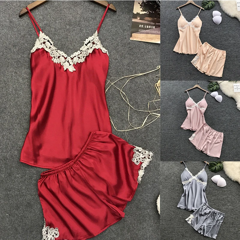 

Women Pajamas Sets Fashion Lace Satin Pajama Summer Nightwear Sexy Pajamas