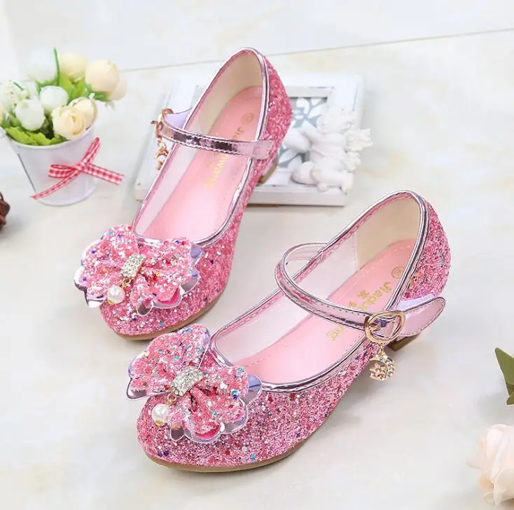 Босоножки для девочек-принцесс обувь для детей для Женская модельная обувь маленьких высокий каблук Блеск Для летних вечеринок Свадебные