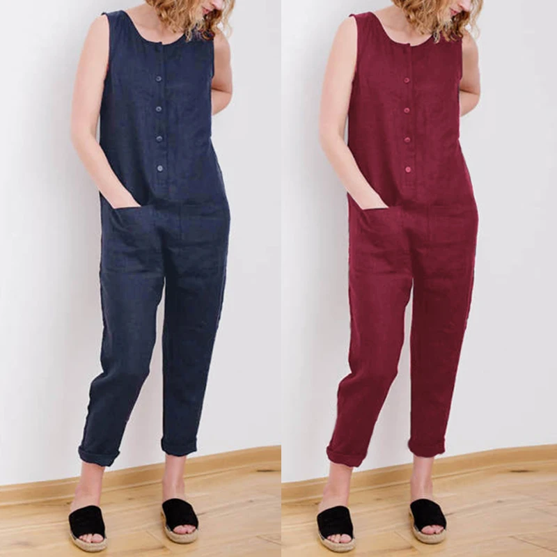 

2019 Celmia Summer Rompers Women Casual Sleeveless Jumpsuit Button Pockets Long Playsuit Cotton Linen Overalls Plus Size 5XL 4XL