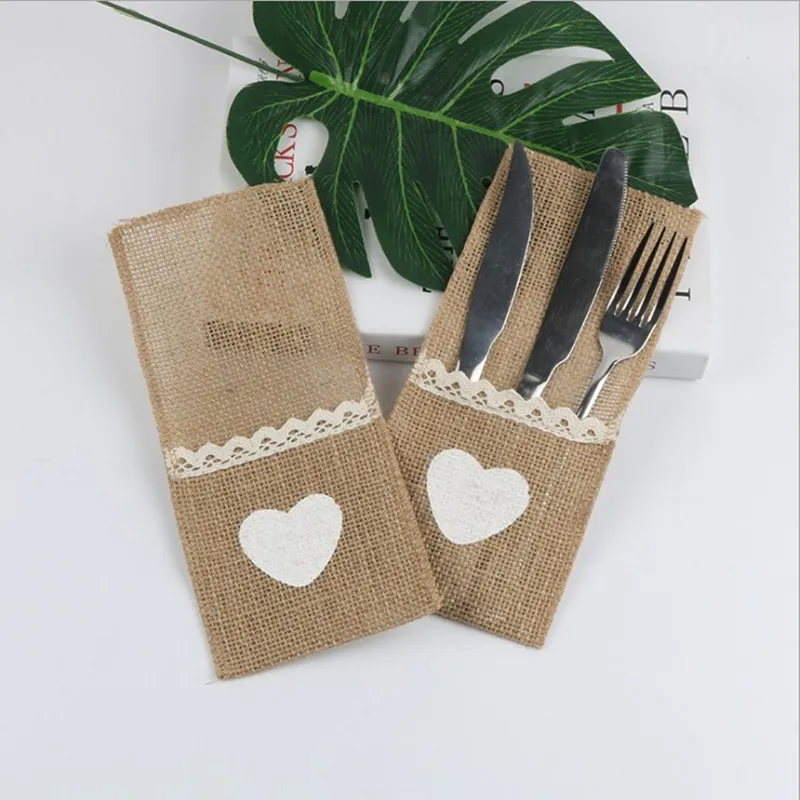 100pcs Jute Hessian Tableware Pouch Pocket Love Cutlery Knife Fork Holder for Rustic Wedding Party Decoration Supplies