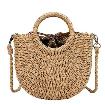 

Straw Woven Bag Handmade Rattan Woven Vintage Retro Straw Rope Knitted Women Crossbody Handbag With Ring Fresh Summer Beach Ba