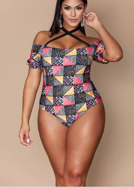 

Plus Size Swimwear Women Geometric Print Bathing Suit Large Size One Piece Swimsuit 3XL Monokini Maillot De Bain Halter Bodysuit