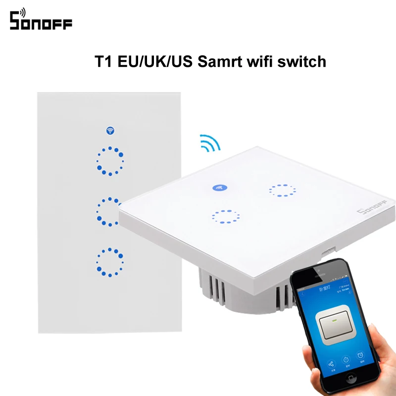 2 шт. sonoff T1 Смарт Wi Fi стену сенсорный выключатель света EU/US/UK 123 Gang touch/WiFi/ rf/App