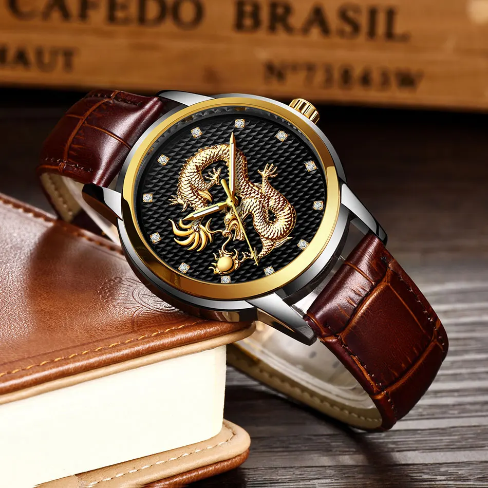 2021 LIGE New Golden Mens Watches Top Brand Luxury Chinese Dragon Watch Business Full Steel Quartz Clock Male Relogio Masculino