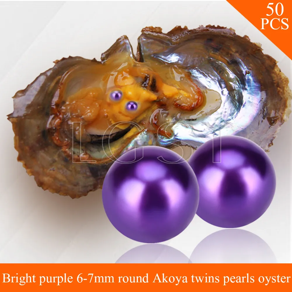 

LGSY Bead Bright purple 6-7mm round Akoya twin pearls in oysters with vacuum package for women jewelry making 50pcs