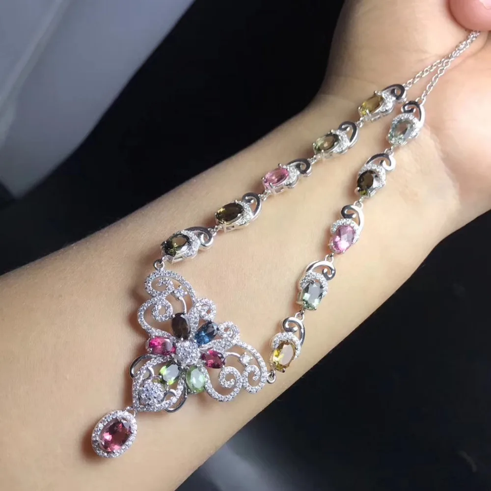  Collier pendentif fleurs papillon gracieux tourmaline multicolore naturel S925 argent collier de pi