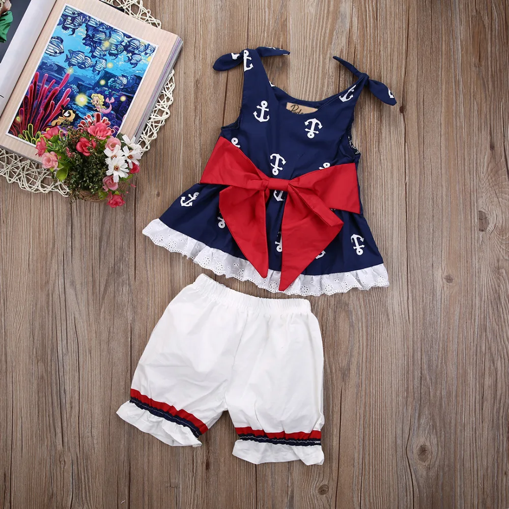 New 2pcs Kids Baby Girls summer sleeveless Anchor print Bow Cotton Vest ...