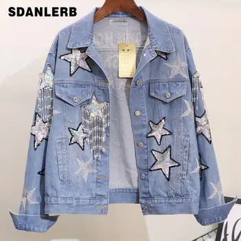 

Sequins Star Denim Jacket Women Spring Autumn Turn Down Collar Embroidery Tassel Chains Loose Jeans Coat