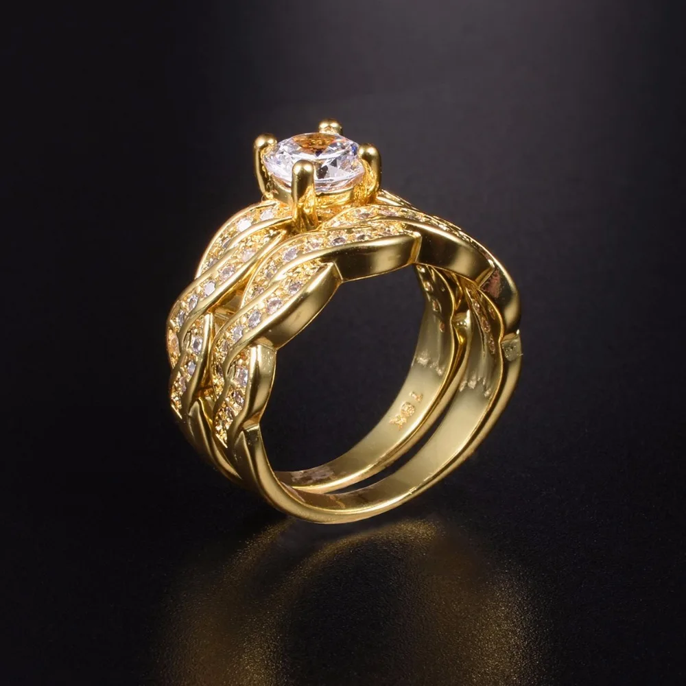 Lady's Round 2ct Simulated Diamond Rings Set 2-in-1 Wedding Anniversary Ring for Women 18K yellow gold Plated jewelry Size 5-10