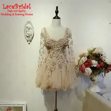 Sexy Backless Champagne Ballkleid Applique Mini Lange Hülsen-spitze-cocktailkleid 2017 mit Perlen Kurze Partei Prom Kleider TC21