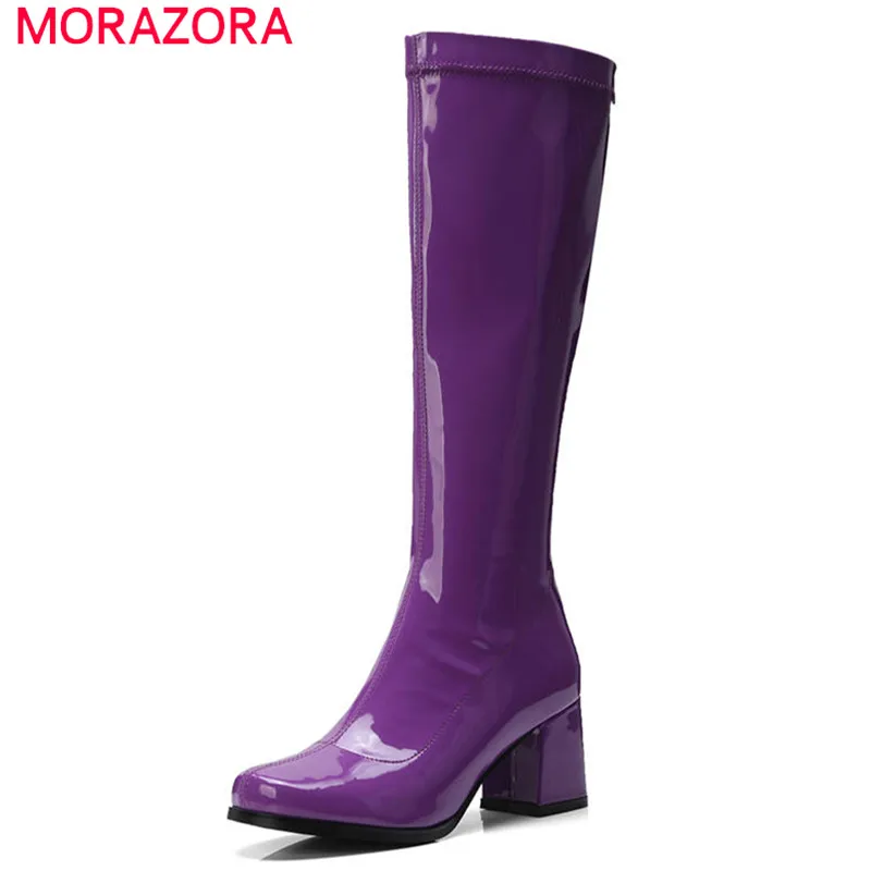 

MORAZORA 2020 top quality patent leather boots women zipper solid colors knee high boots high heels autumn winter ladies shoes