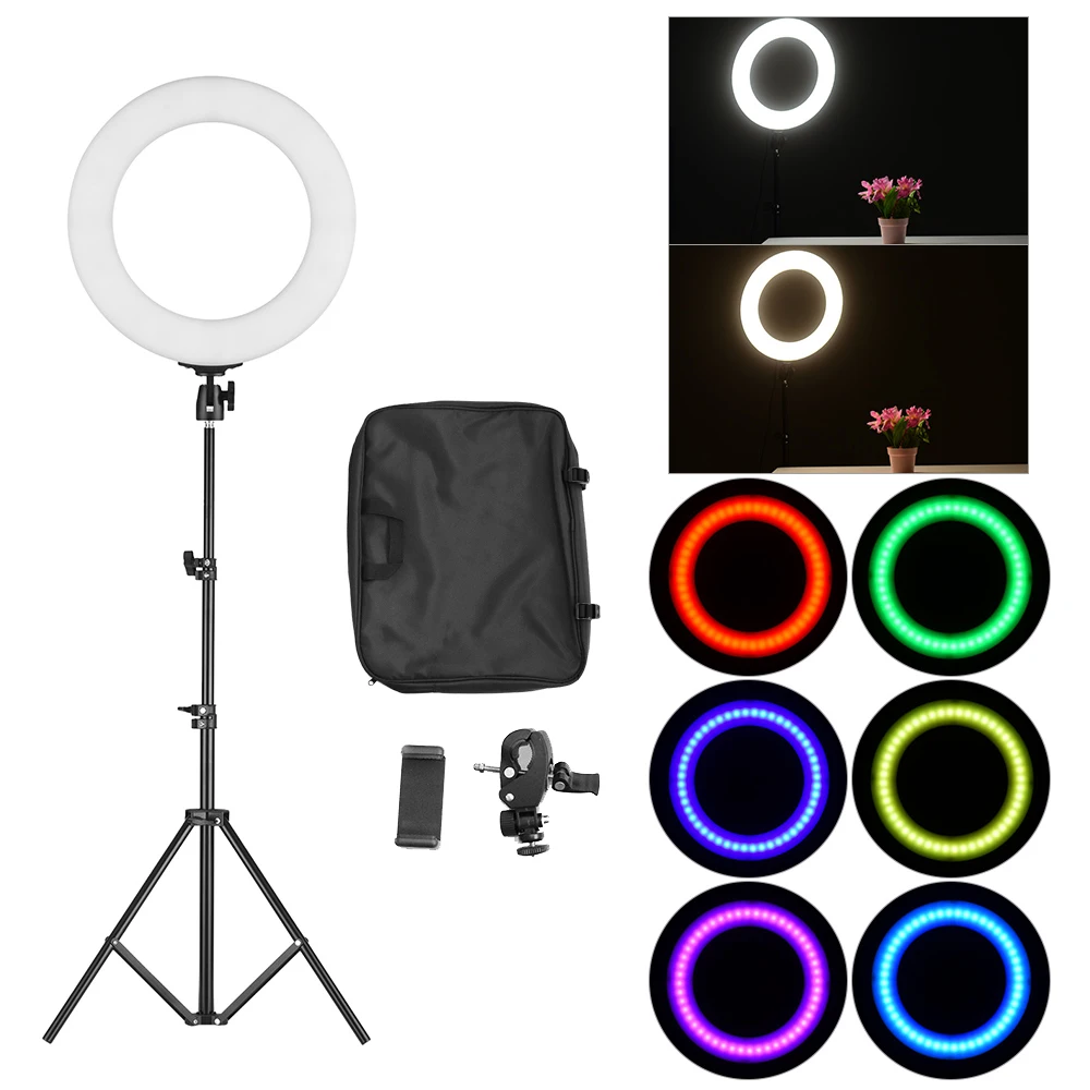 

Portable 36-72W 14 Inch LED Video Ring Light 3200-7000K Studio Photography Lamp RGB Color Lights with Tripod Stand Carry Bag