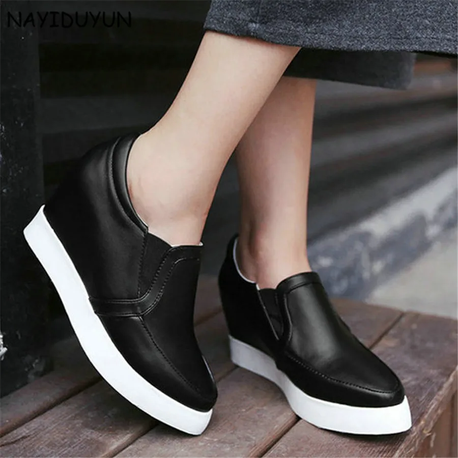 

NAYIDUYUN Fashion Sneakers Women Slip On Platform Wedges Ankle Boots Pointed Toe High Heels Party Greepers Casual Shoes