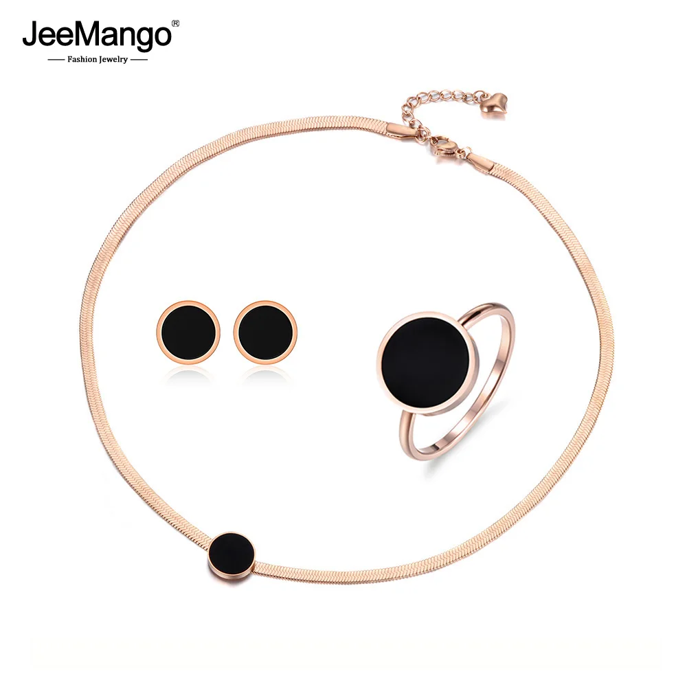 Женский комплект украшений JeeMango черный из ожерелья браслета сережек и колец