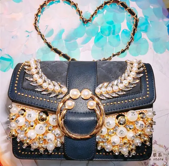 

European station Tide brand custom handbags New heavy hand rhinestone pearl beaded shoulder diagonal small square bag