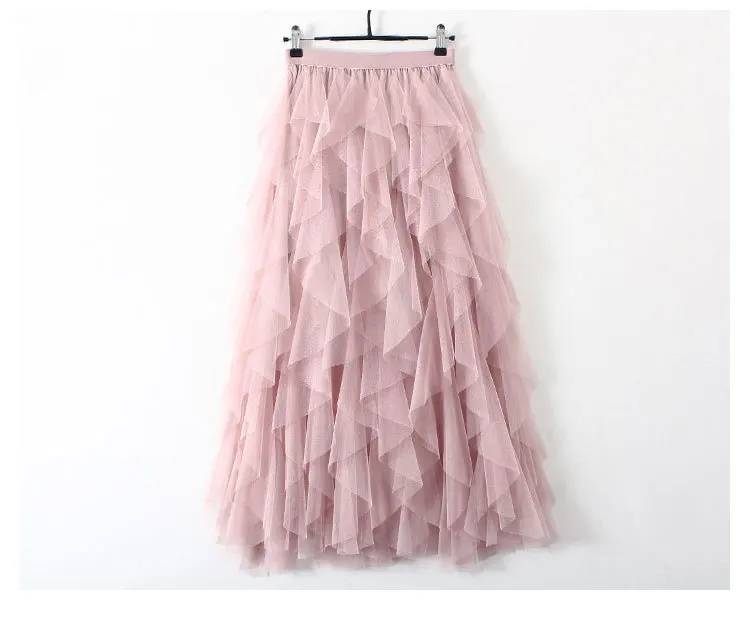 Юбки миди, розовые, белые, женские летние юбки,, длина по щиколотку, сетчатая элегантная юбка с высокой талией, Корейская школьная юбка - Цвет: Pink