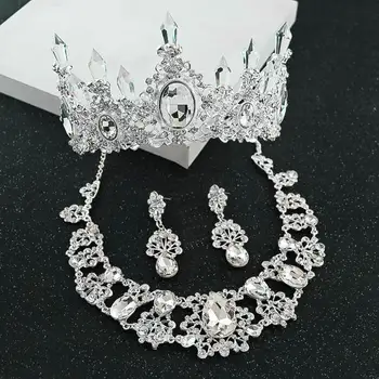 

Bridal Accessories New Shiny Crystal Jewelry Set Wedding Headwear Crown Necklace Earrings For Prom Burnished Charming SJT002018