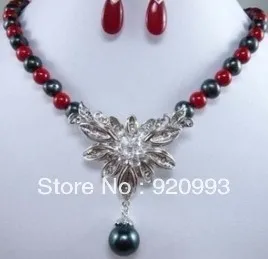 

free P&P*******BEAUTIFUL Black Pearl Red Coral Natural Flower Necklace Earrings Set