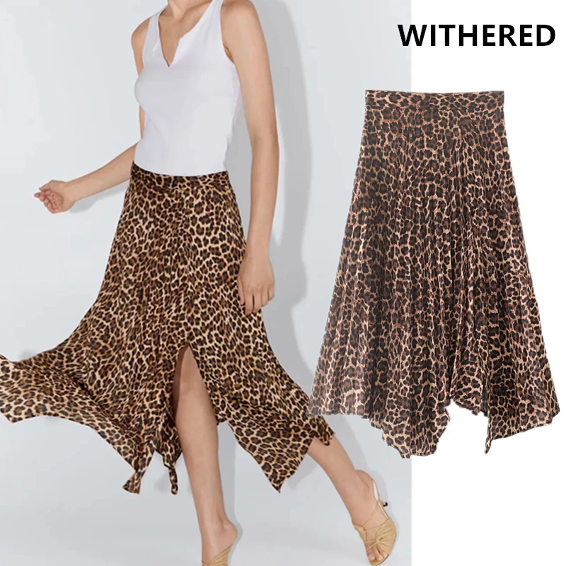 

Withered england vintage Leopard print Pendulum high waist asymmetric midi skirt women faldas mujer moda 2019 long skirts womens