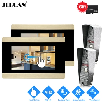 

JERUAN 720P AHD HD Motion Detection 7`` Touch Screen Video Doorbell Unlock Intercom System 2 Record Monitor + 2 Mini Camera 2V2
