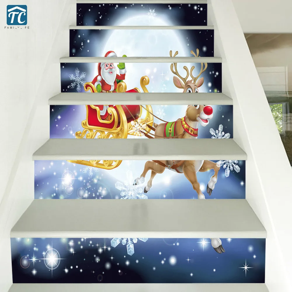 

6pcs/set Snowman Santa Claus Christmas Pvc Stair Sticker Waterproof Floor Stairway Stickers Decoration Elk Carriage Personality