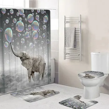 

4pcs Polyester Bubbles Elephant Waterproof Bathroom Shower Curtain Toilet Cover Mat Non-Slip Floor Mat Rug Set with 12 Hooks