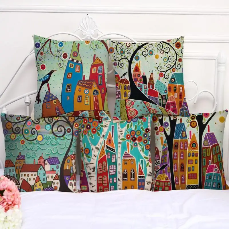 hand painted house trees abstract cotton linen sofa decorative lumbar pillow cushion for home accessories 45 - Decorative Lumbar Pillows hand painted house trees abstract cotton linen sofa decorative lumbar pillow cushion for home accessories 45 - Decorative Lumbar Pillows