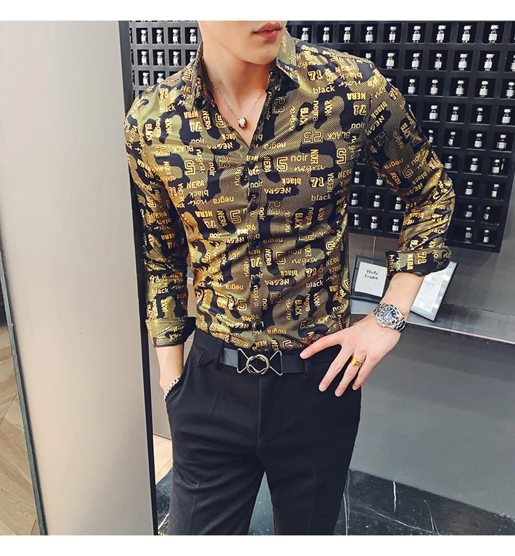 Camisa Social, приталенные, серебристые, золотые, с принтом, рубашки, Camisa MasculinaRopa De Hombre, повседневные рубашки, мужские Клубные рубашки, дизайнерские