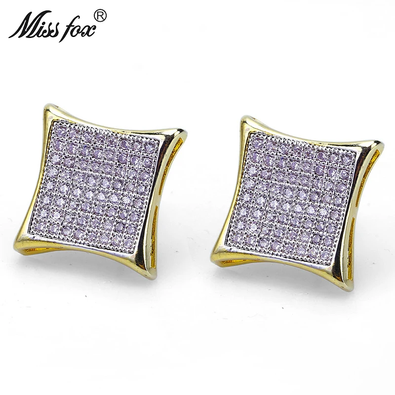 

MISSFOX Hiphop Europe Fashion 24K Gold Plated Earring Man Square Cubic Zirconia Bijoux Christmas Deals Piercing Male Earring