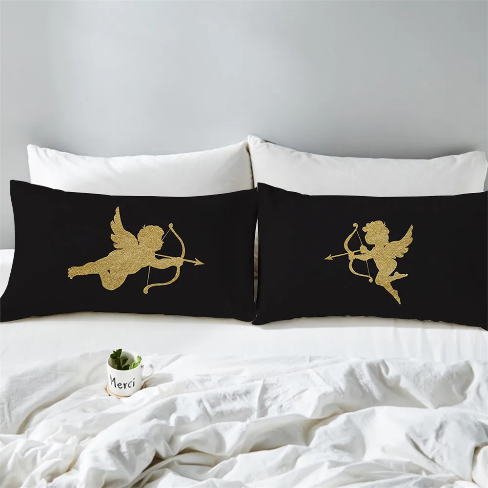 

Eros Cupid Print Lovers Pillowcase Golden Silver Lock Key Print Couples Pillow Case 100% Polyester Pillow Cover Wedding D35