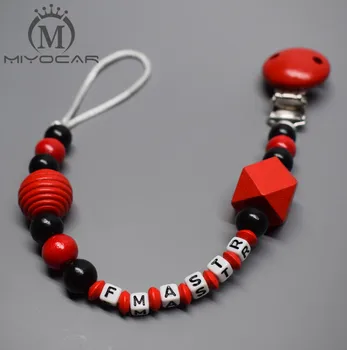 

MIYOCAR Personalised -Any name Hand made lovely red Geometric wooden beads dummy clip holder pacifier clip soother chain teether
