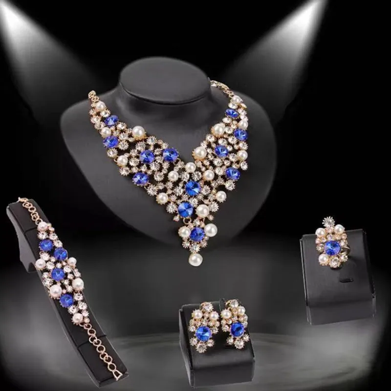 

2016 NEWS Crystal Jewelry Set Band 18K Gold Plated Party Wedding Bridal Rhinestone Necklace Earring Sets Bangle Ring Accessories