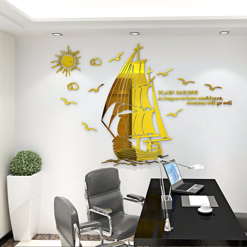 Горячая Распродажа парусник навигация акрилс 3d наклейки на стену компания офис креативное настенное украшение зеркало для класса стикер на стену